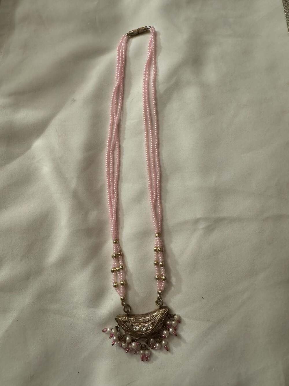 Victorian Style Mehendi Finish Multi-Strand Pink Beaded Necklace with Floral Pen